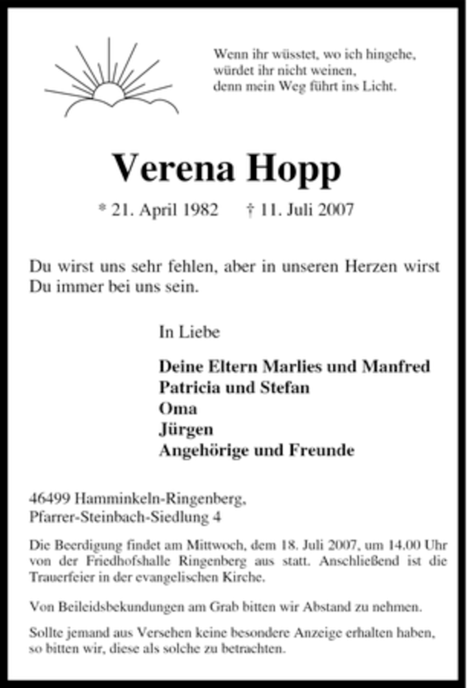 Traueranzeige für Verena Hopp vom 13.07.2007 aus Tageszeitung