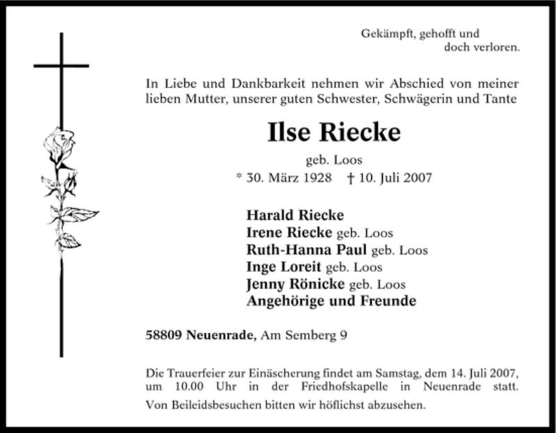  Traueranzeige für Ilse Riecke vom 13.07.2007 aus Tageszeitung