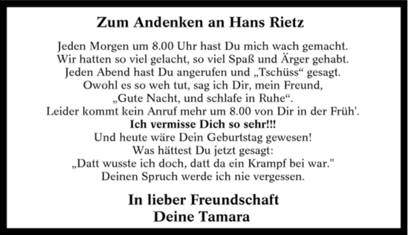  Traueranzeige für Hans Rietz vom 13.07.2007 aus Tageszeitung