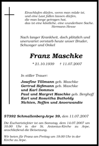 Traueranzeige von Franz Maschke von Tageszeitung