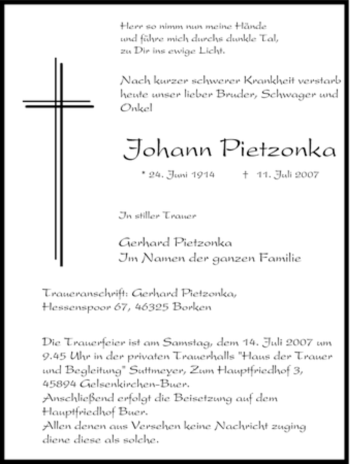 Traueranzeige von Johann Pietzonka von Tageszeitung
