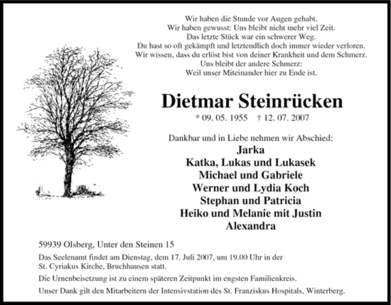  Traueranzeige für Dietmar Steinrücken vom 13.07.2007 aus Tageszeitung