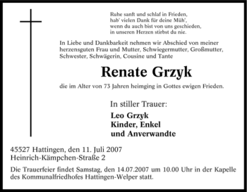 Traueranzeige von Renate Grzyk von Tageszeitung
