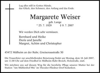 Traueranzeige von Margarete Weiser von Tageszeitung