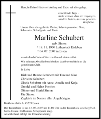 Traueranzeige von Marline Schubert von Tageszeitung