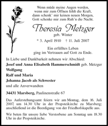 Traueranzeige von Theresia Metzger von Tageszeitung