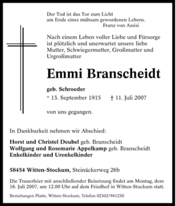Traueranzeige von Emmi Branscheidt von Tageszeitung