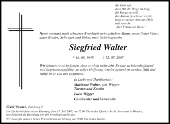 Traueranzeige von Siegfried Walter von Tageszeitung