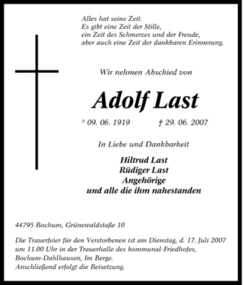 Traueranzeige von Adolf Last von Tageszeitung