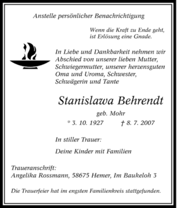 Traueranzeige von Stanislawa Behrendt von Tageszeitung