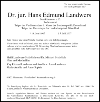 Traueranzeige von Hans Edmund Landwers von Tageszeitung