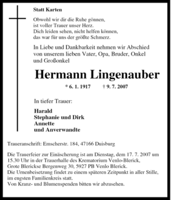 Traueranzeige von Hermann Lingenauber von Tageszeitung