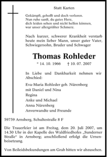 Traueranzeige von Thomas Rohleder von Tageszeitung