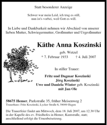 Traueranzeige von Käthe Anna Koszinski von Tageszeitung