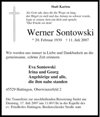 Traueranzeige von Werner Sontowski von Tageszeitung