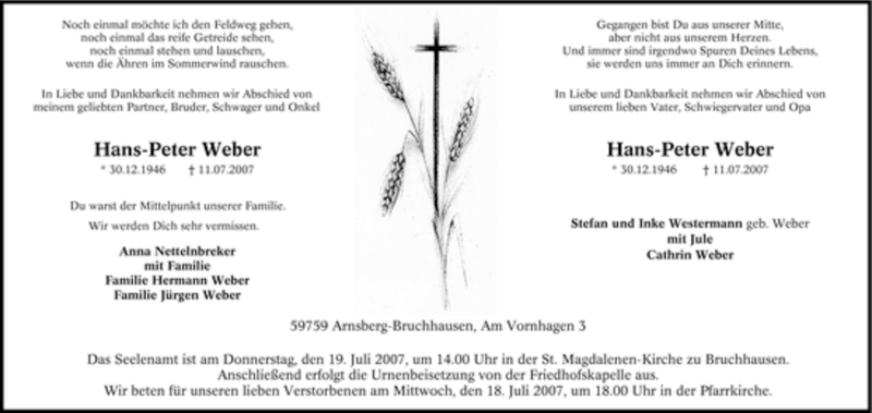  Traueranzeige für Hans-Peter Weber vom 14.07.2007 aus Tageszeitung