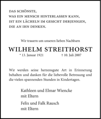 Traueranzeige von Wilhelm Streithorst von Tageszeitung