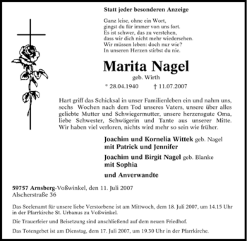 Traueranzeige von Marita Nagel von Tageszeitung