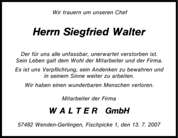 Traueranzeige von Herrn Siegfried Walter von Tageszeitung