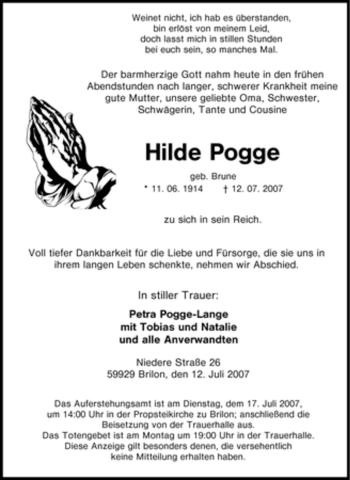 Traueranzeige von Hilde Pogge von Tageszeitung