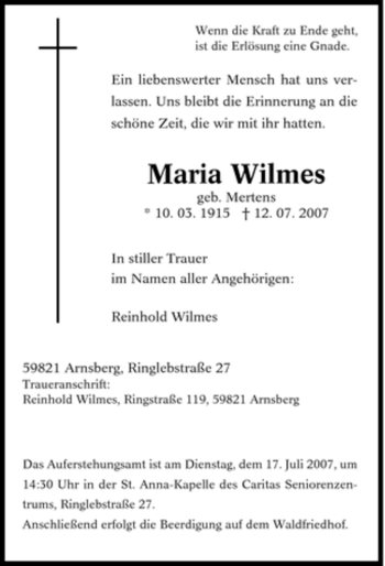 Traueranzeige von Maria Wilmes von Tageszeitung