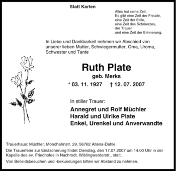 Traueranzeige von Ruth Plate von Tageszeitung