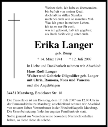 Traueranzeige von Erika Langer von Tageszeitung