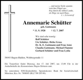 Traueranzeige von Annemarie Schütter von Tageszeitung