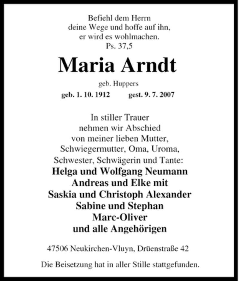  Traueranzeige für Maria Arndt vom 14.07.2007 aus Tageszeitung