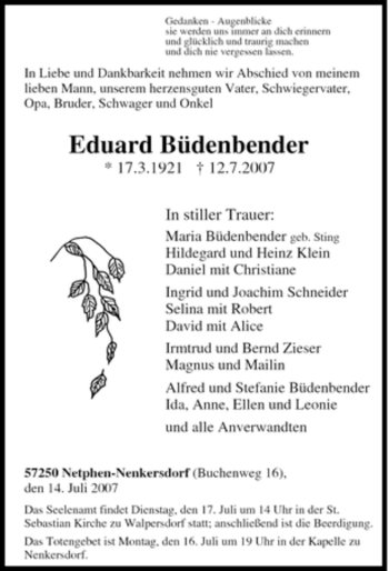 Traueranzeige von Eduard Büdenbender von Tageszeitung