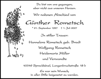Traueranzeige von Günther Rometsch von Tageszeitung