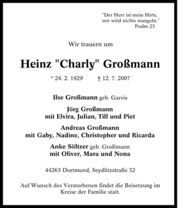 Traueranzeige von Heinz Großmann von Tageszeitung