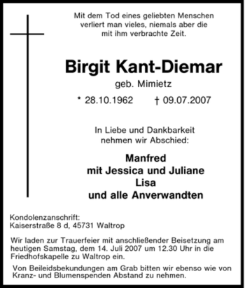 Traueranzeige von Birgit Kant-Diemar von Tageszeitung