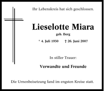 Traueranzeige von Lieselotte Miara von Tageszeitung