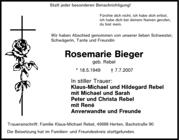 Traueranzeige von Rosemarie Bieger von Tageszeitung