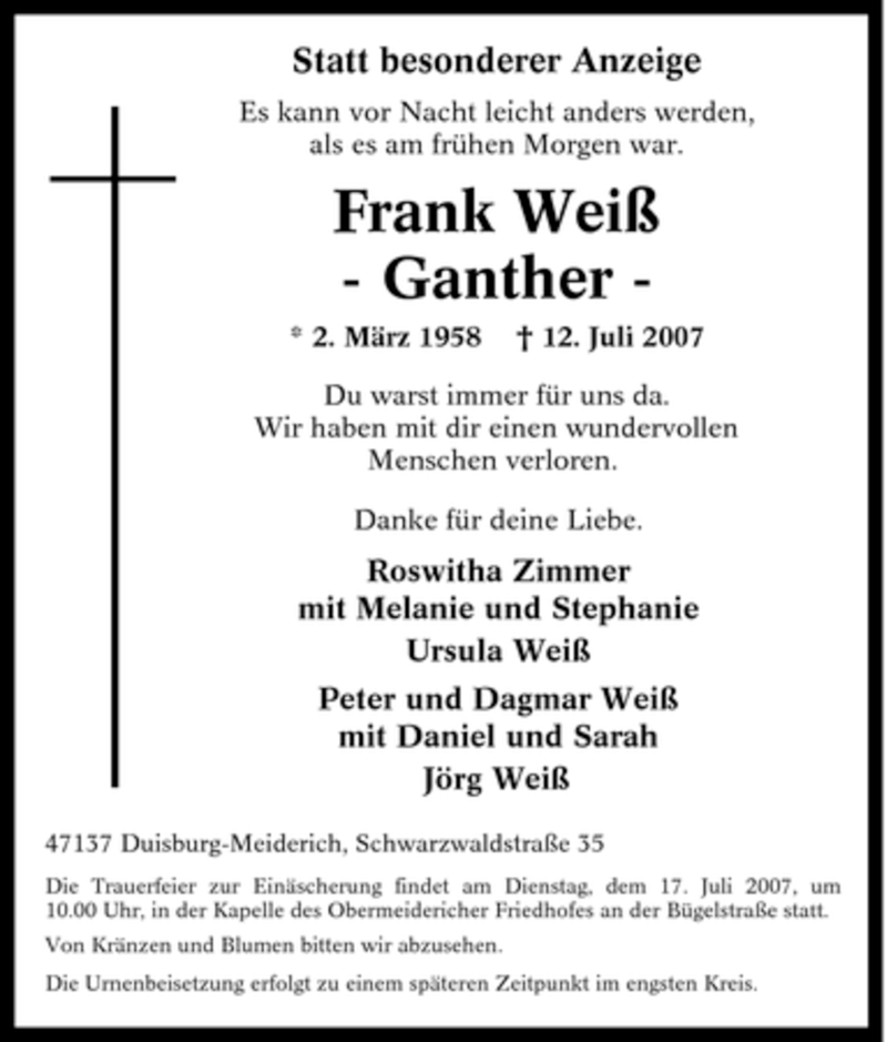  Traueranzeige für Frank Weiß vom 14.07.2007 aus Tageszeitung