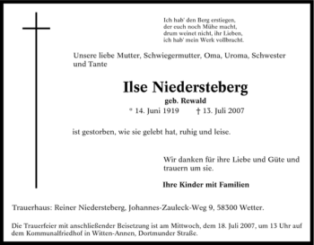 Traueranzeige von Ilse Niedersteberg von Tageszeitung