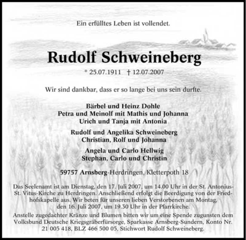  Traueranzeige für Rudolf Schweineberg vom 14.07.2007 aus Tageszeitung