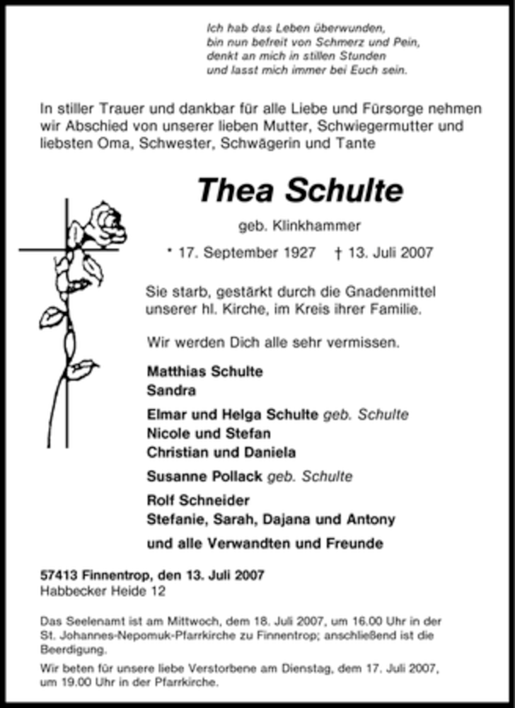  Traueranzeige für Thea Schulte vom 14.07.2007 aus Tageszeitung
