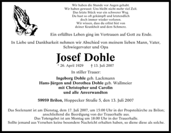 Traueranzeige von Josef Dohle von Tageszeitung