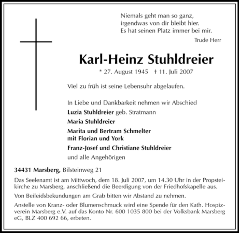  Traueranzeige für Karl-Heinz Stuhldreier vom 14.07.2007 aus Tageszeitung