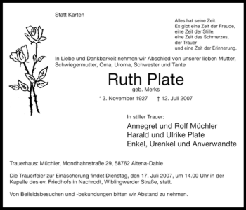Traueranzeige von Ruth Plate von Tageszeitung
