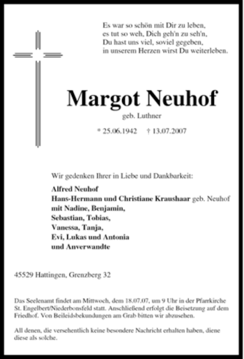 Traueranzeige von Margot Neuhof von Tageszeitung