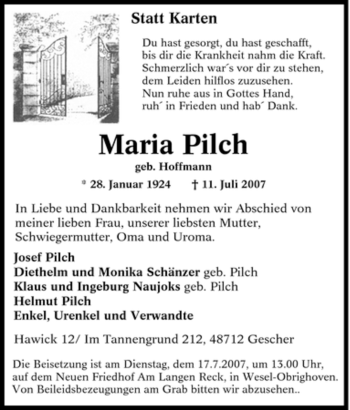Traueranzeige von Maria Pilch von Tageszeitung