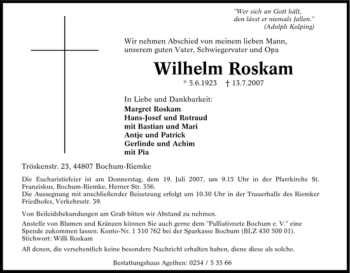 Traueranzeige von Wilhelm Roskam von Tageszeitung
