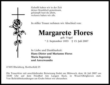 Traueranzeige von Margarete Flores von Tageszeitung