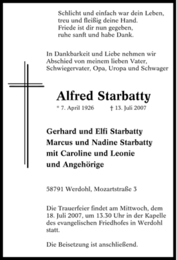 Traueranzeige von Alfred Starbatty von Tageszeitung