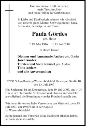 Traueranzeige von Paula Gördes von Tageszeitung