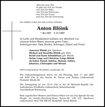 Traueranzeige von Anton Blöink von Tageszeitung