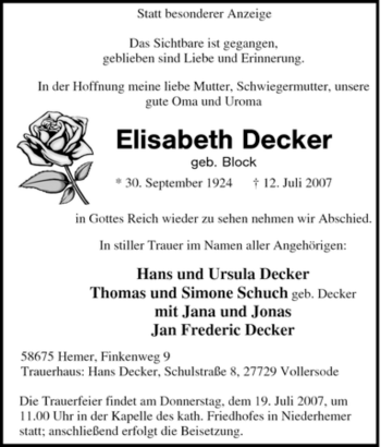 Traueranzeige von Elisabeth Decker von Tageszeitung